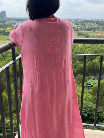 Rayon 3D Chikankari Kurta Set- Peach