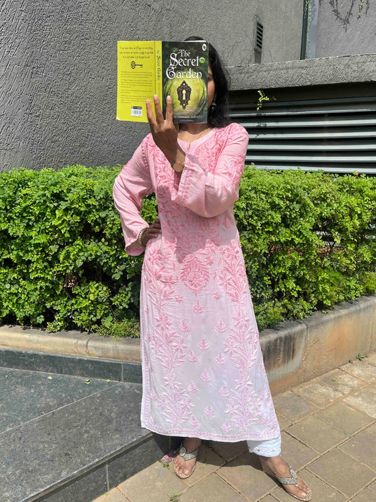 Modal 3D Chikankari Long Kurta - Ombre Pink