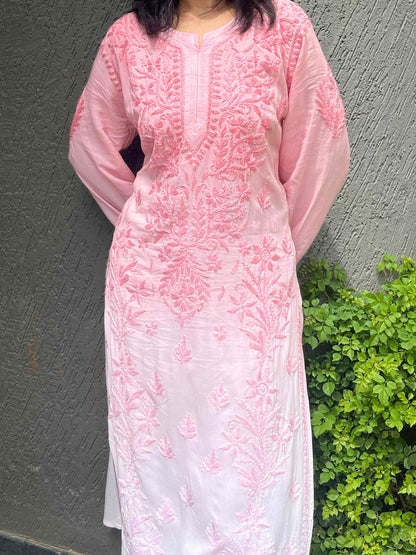 Modal 3D Chikankari Long Kurta - Ombre Pink