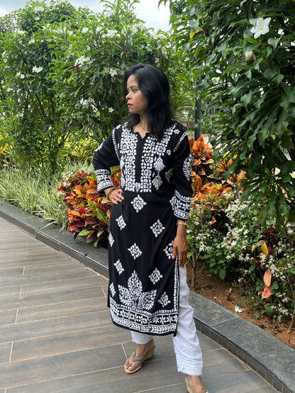 Modal 3D Chikankari Long Kurta - Black