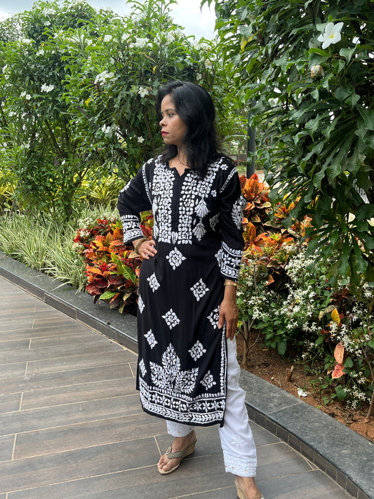 Modal 3D Chikankari Long Kurta - Black