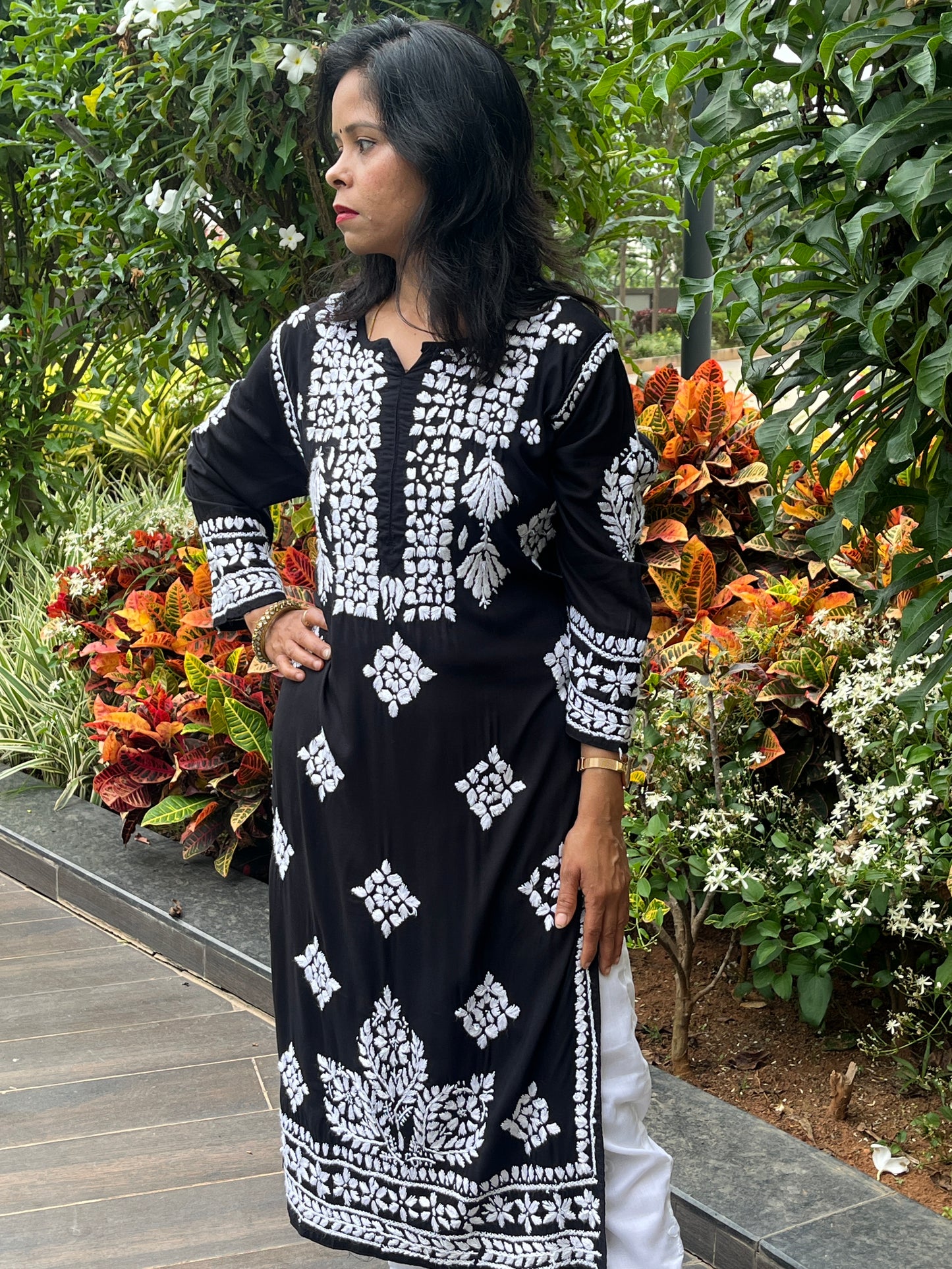 Modal 3D Chikankari Long Kurta - Black