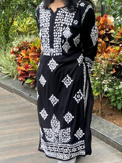 Modal 3D Chikankari Long Kurta - Black