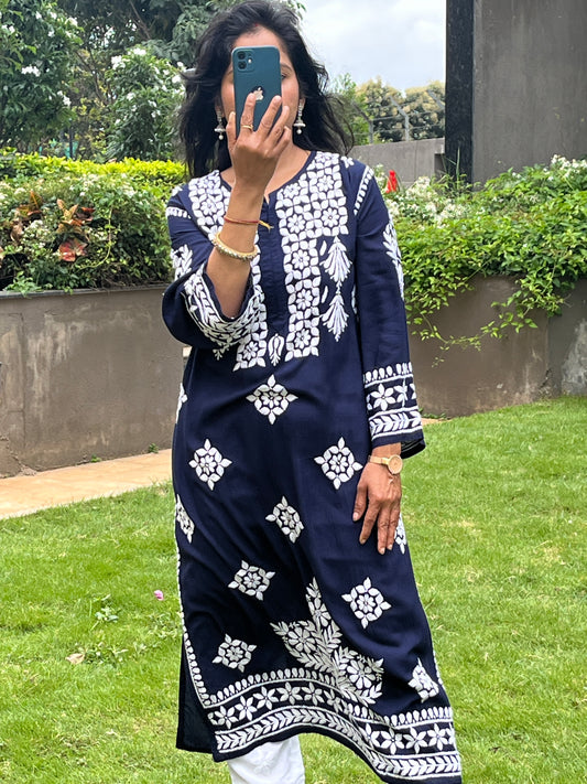 Modal 3D Chikankari Long Kurta - Navi Blue