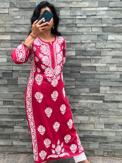 Rayon Chikankari 3D Long Kurta - Red