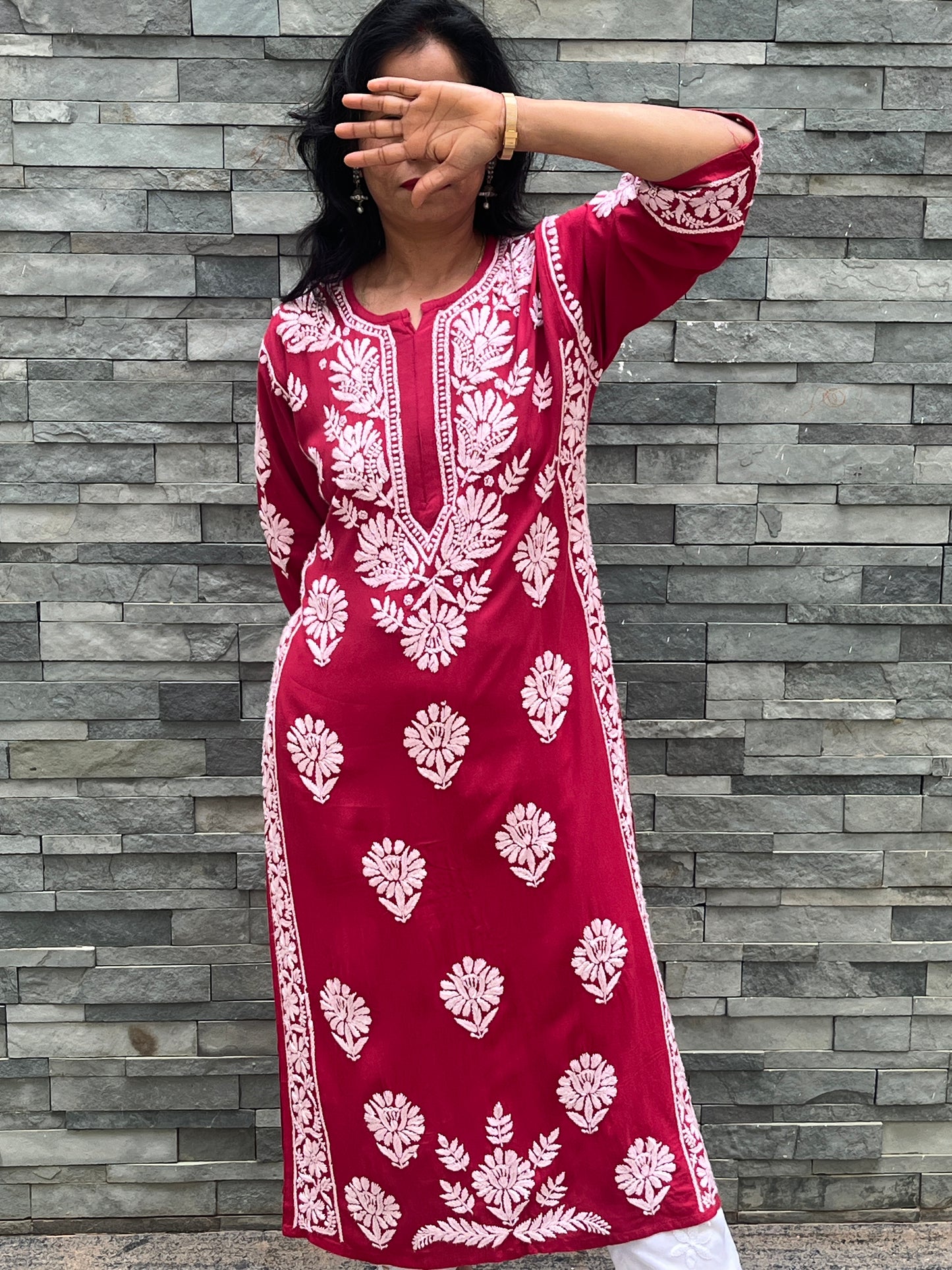Rayon Chikankari 3D Long Kurta - Red