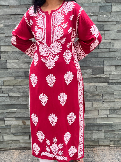 Rayon Chikankari 3D Long Kurta - Red