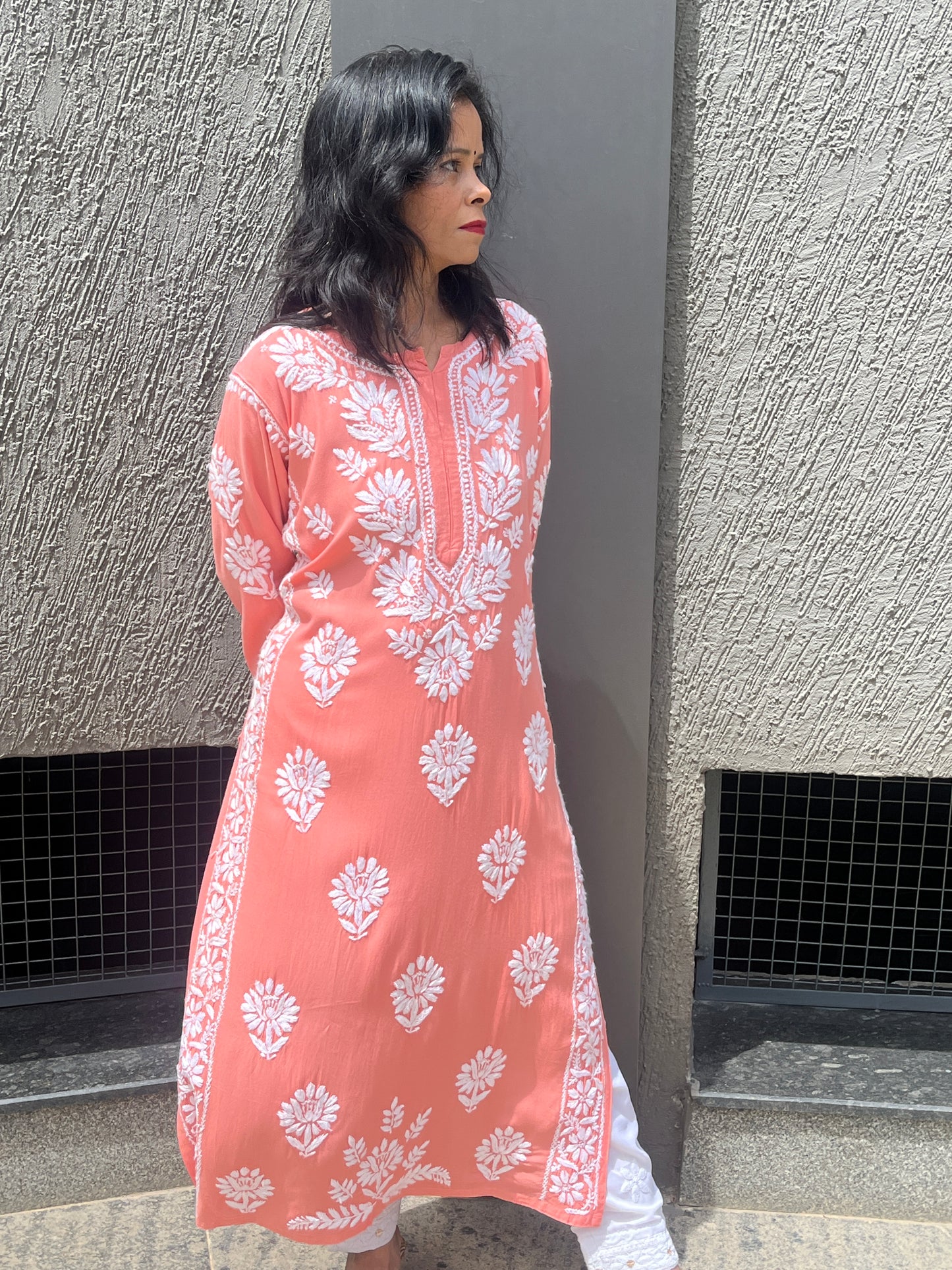 Rayon Chikankari 3D Long Kurta - Peach