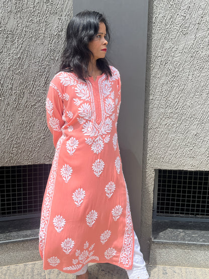 Rayon Chikankari 3D Long Kurta - Peach