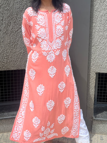 Rayon Chikankari 3D Long Kurta - Peach