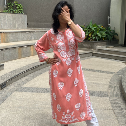 Rayon Chikankari 3D Long Kurta - Peach