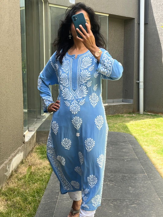 Rayon Chikankari 3D Long Kurta - Blue