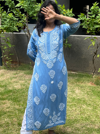 Rayon Chikankari 3D Long Kurta - Blue