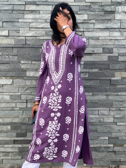 Rayon 3D Rose Chikankari Long Kurta - Purple