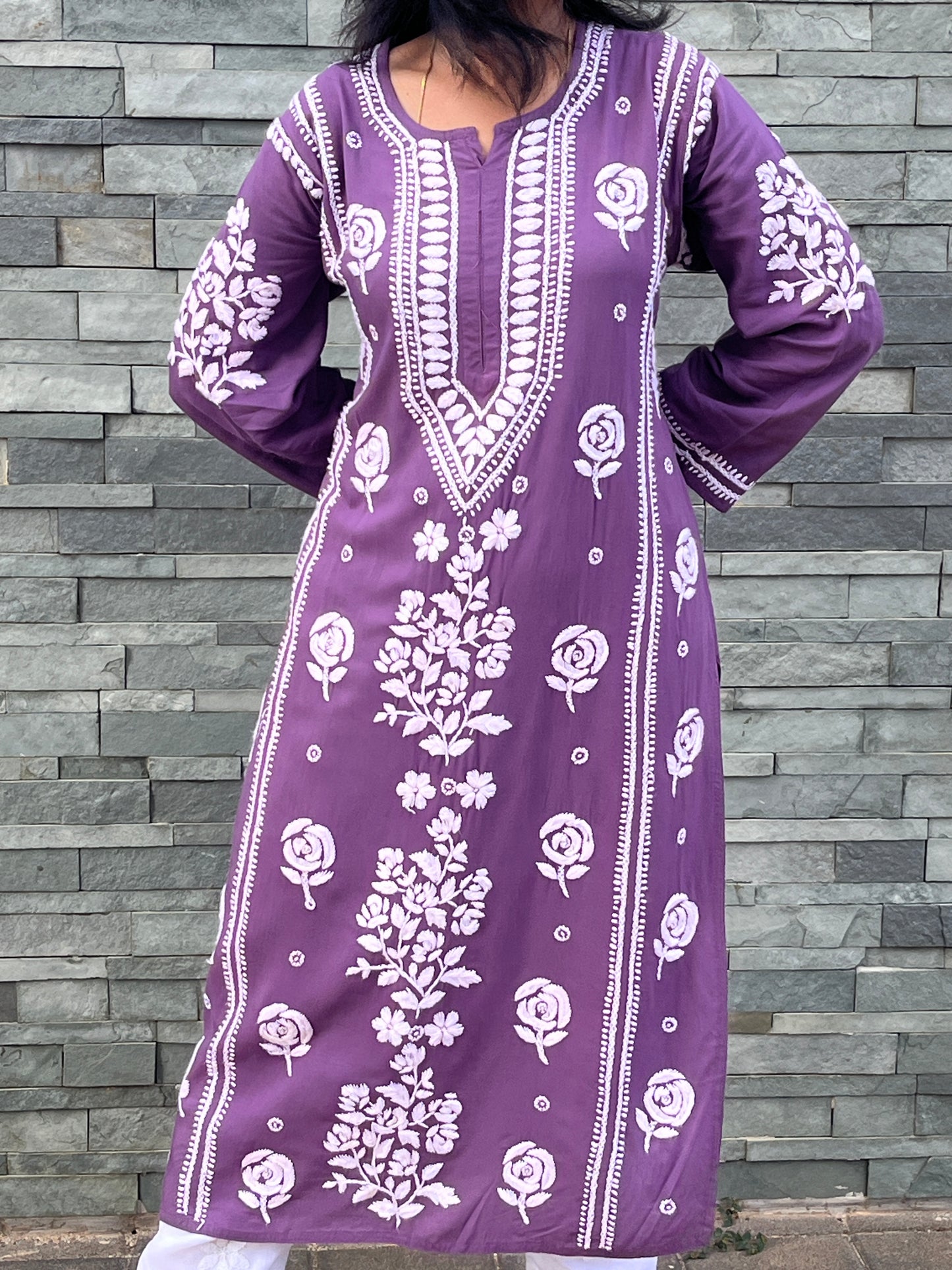 Rayon 3D Rose Chikankari Long Kurta - Purple