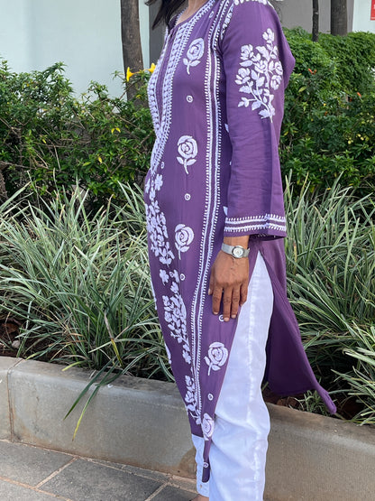 Rayon 3D Rose Chikankari Long Kurta - Purple