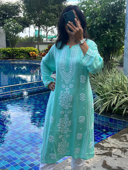 Rayon 3D Rose Chikankari Long Kurta - Green