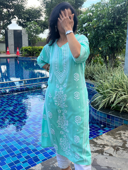 Rayon 3D Rose Chikankari Long Kurta - Green