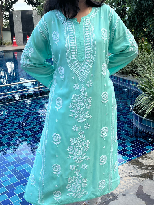 Rayon 3D Rose Chikankari Long Kurta - Green