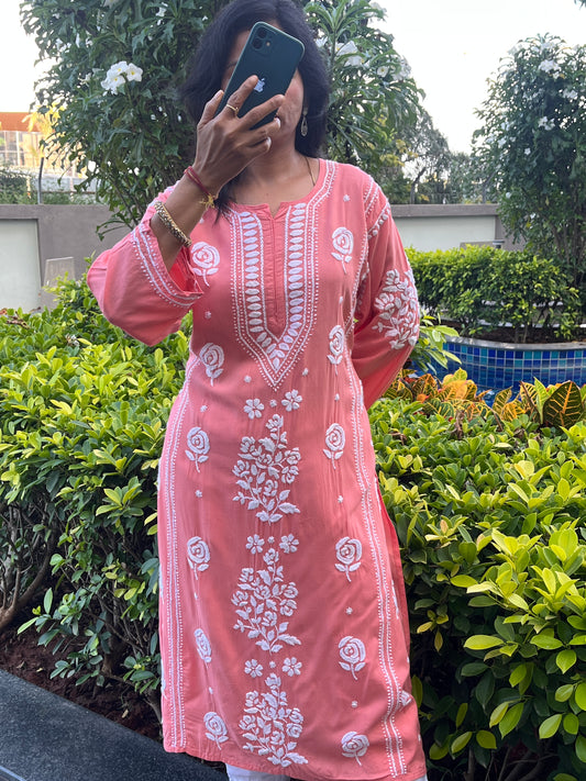 Rayon 3D Rose Chikankari Long Kurta - Peach