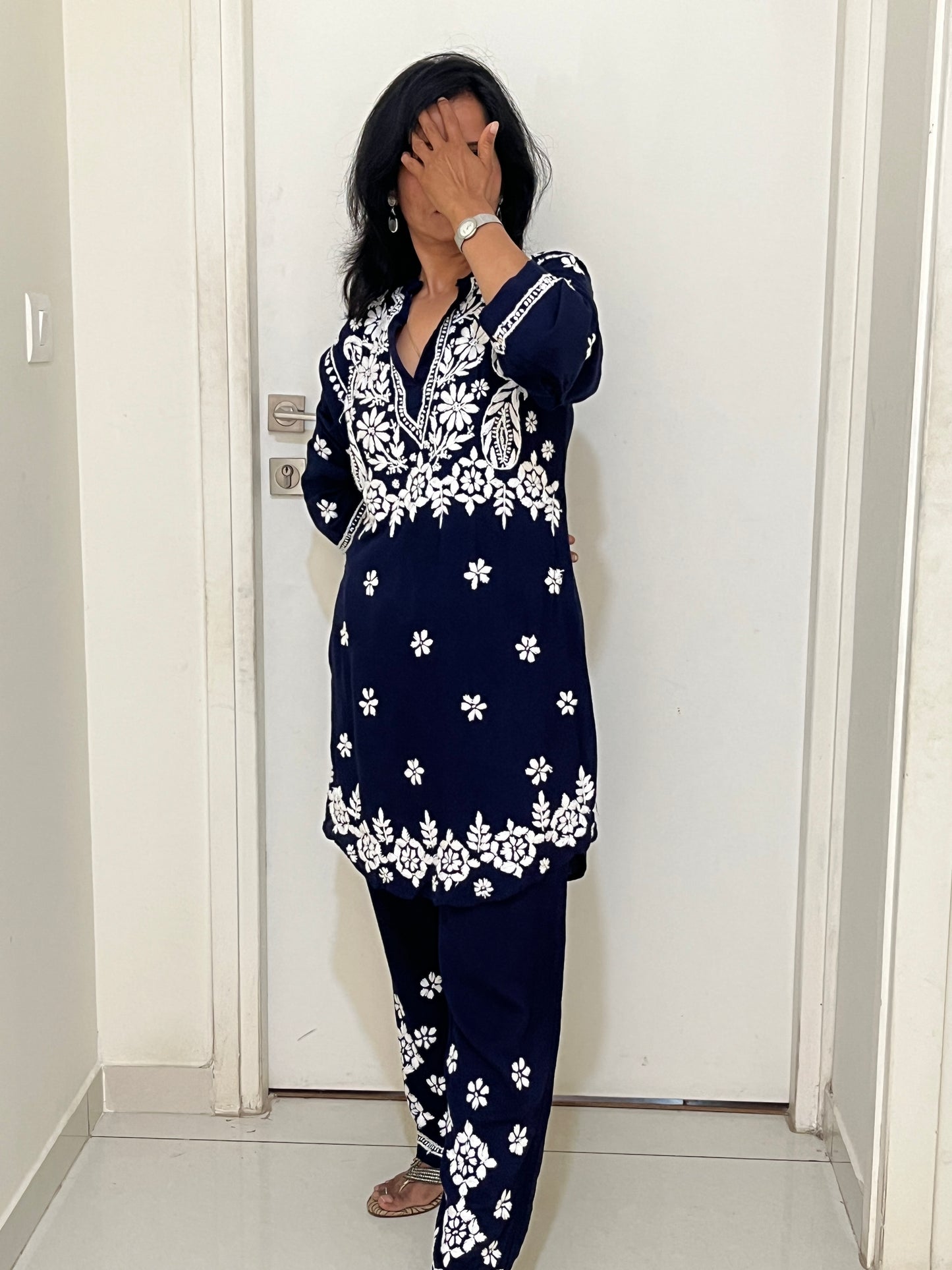 Modal 3D Chikankari Co-ord Set - Navi Blue