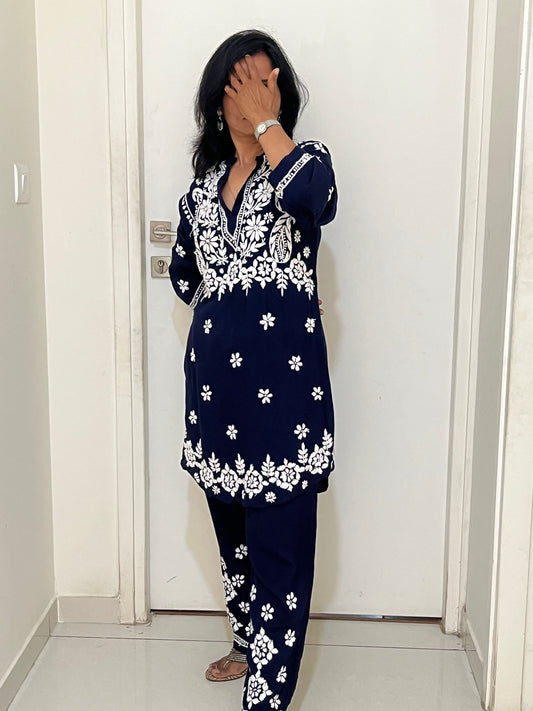 Modal 3D Chikankari Co-ord Set - Navi Blue