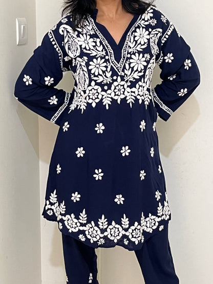 Modal 3D Chikankari Co-ord Set - Navi Blue