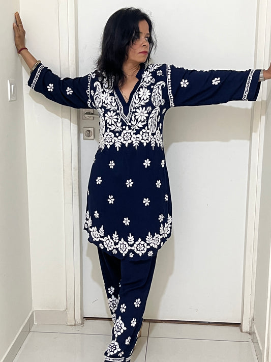 Modal 3D Chikankari Co-ord Set - Navi Blue
