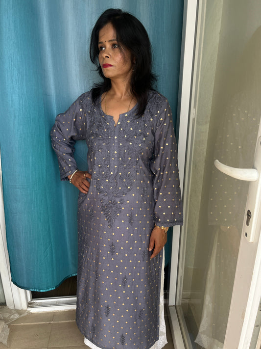 Chanderi Banarasi Dot Chikankari Solid Women's Long Kurta - Gray