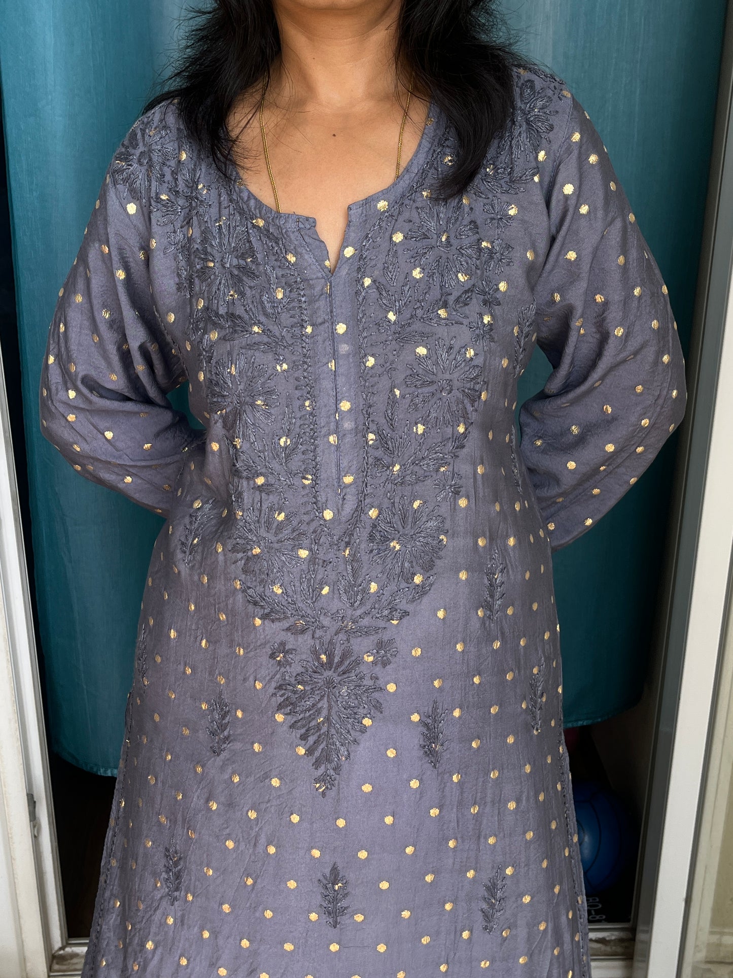 Chanderi Banarasi Dot Chikankari Solid Women's Long Kurta - Gray