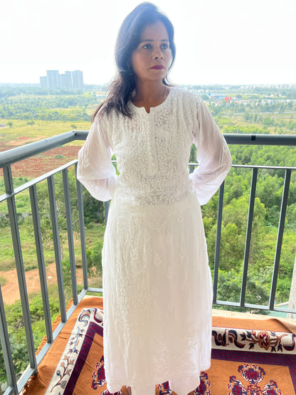 Viscose Chikankari Solid Women's Long Kurta set with Inner - White