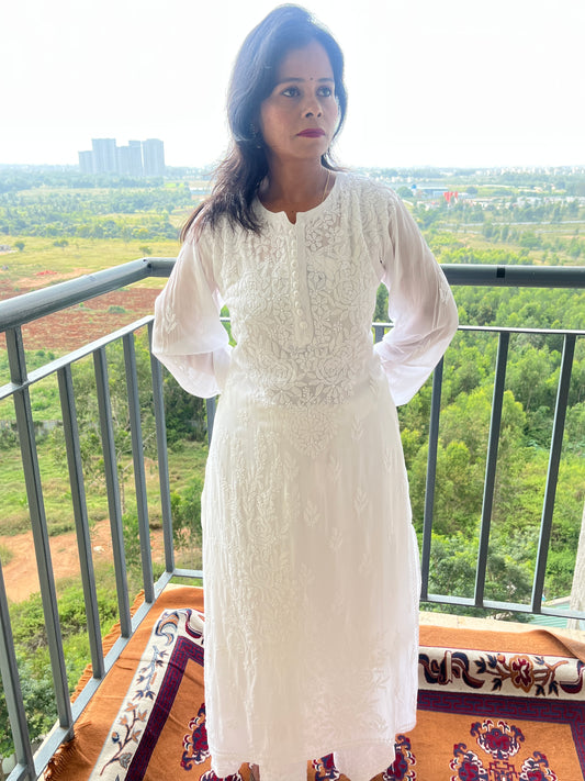 Viscose Chikankari Solid Women's Long Kurta set with Inner - White