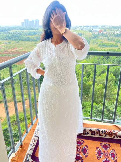 Viscose Chikankari Solid Women's Long Kurta set with Inner - White