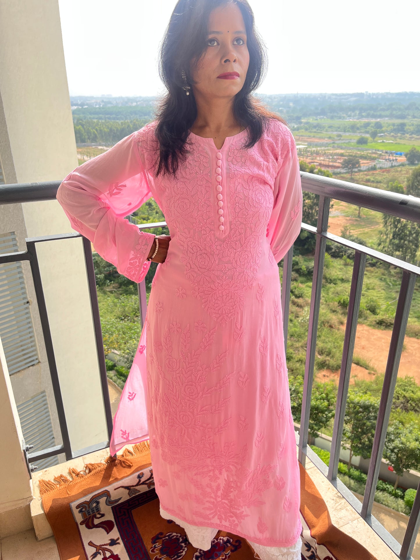 Viscose Chikankari Solid Women's Long Kurta with Inner - Pink