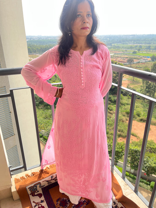 Viscose Chikankari Solid Women's Long Kurta with Inner - Pink