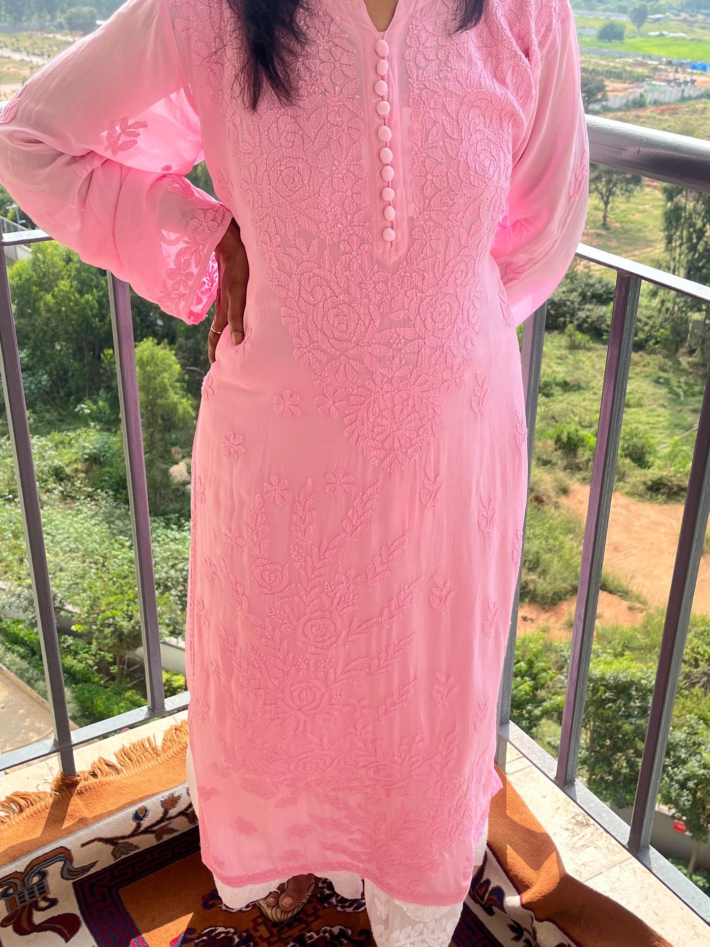 Viscose Chikankari Solid Women's Long Kurta with Inner - Pink