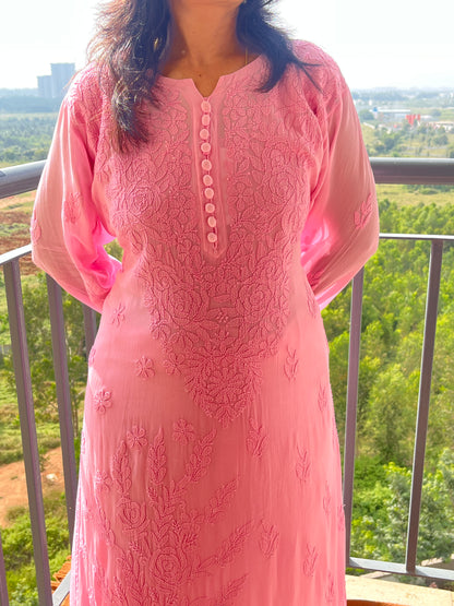 Viscose Chikankari Solid Women's Long Kurta with Inner - Pink