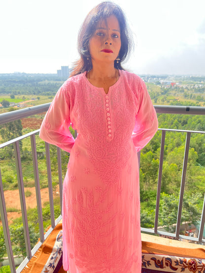 Viscose Chikankari Solid Women's Long Kurta with Inner - Pink