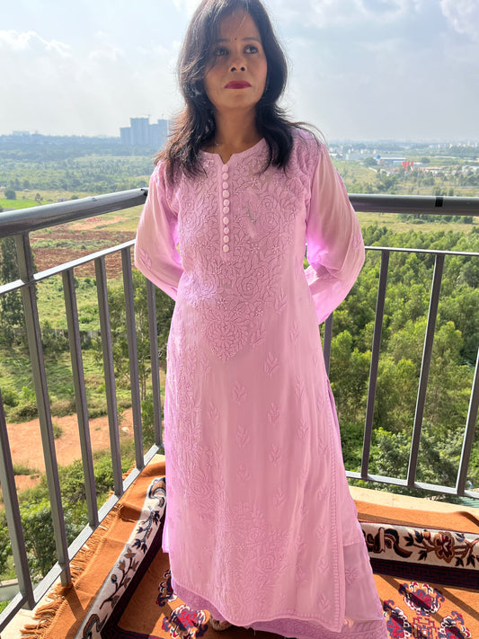 Viscose Chikankari Solid Women's Long Kurta set  with Inner - lavender