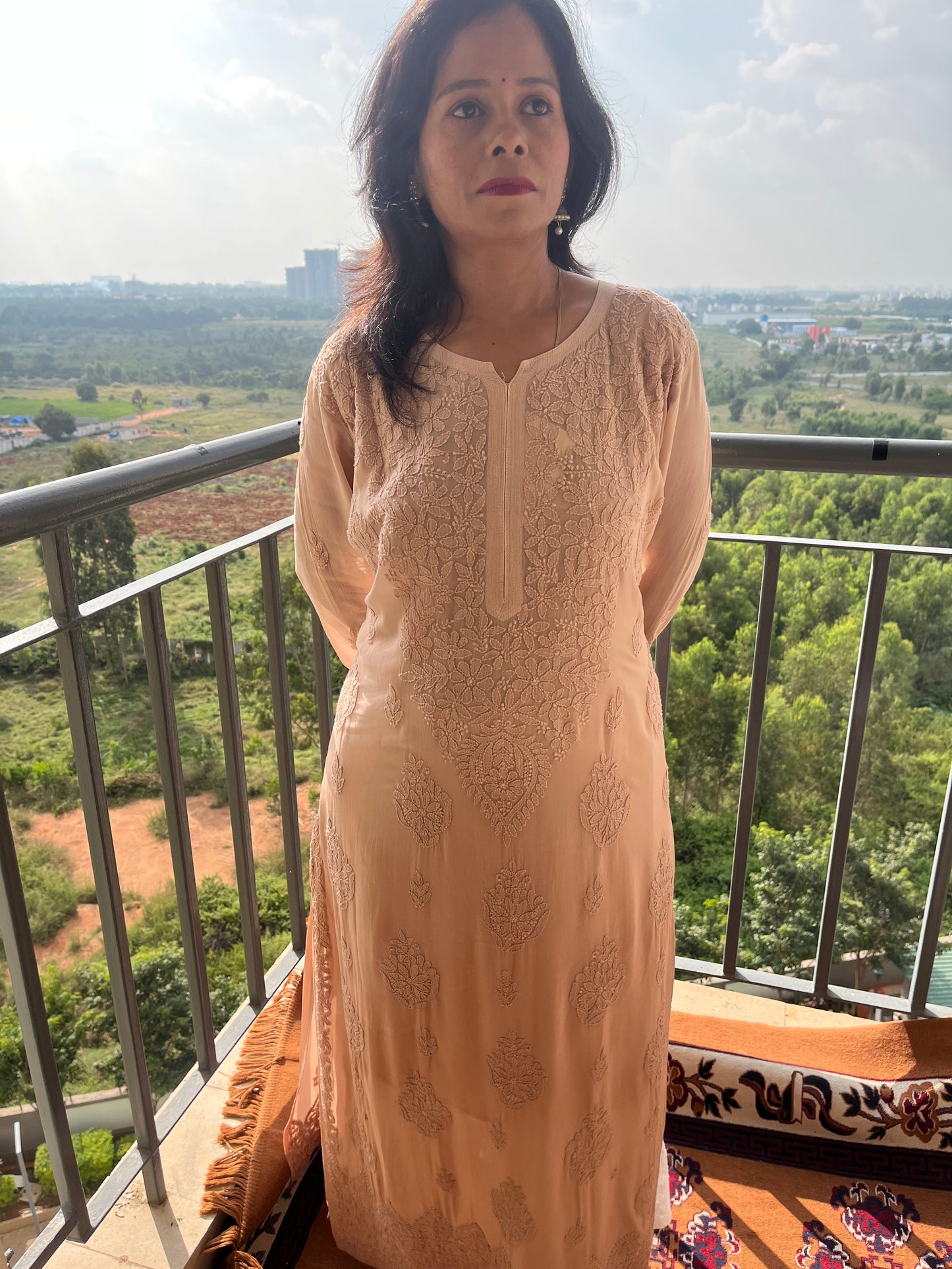 Viscose Bakhiya Heavy Chikankari Long Kurta -  ombre brown