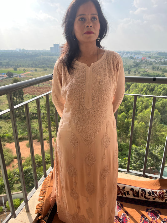 Viscose Bakhiya Heavy Chikankari Long Kurta -  ombre brown