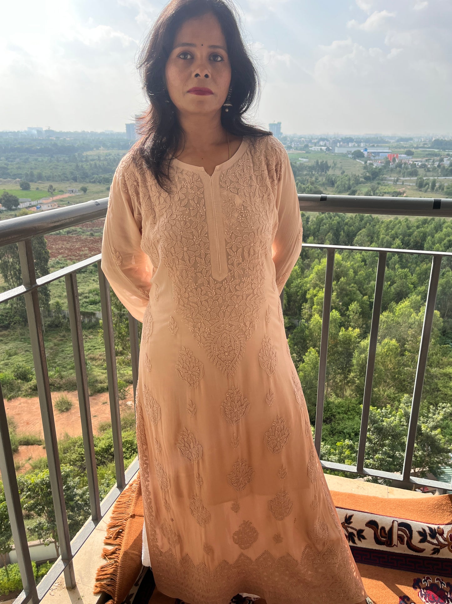 Viscose Bakhiya Heavy Chikankari Long Kurta -  ombre brown