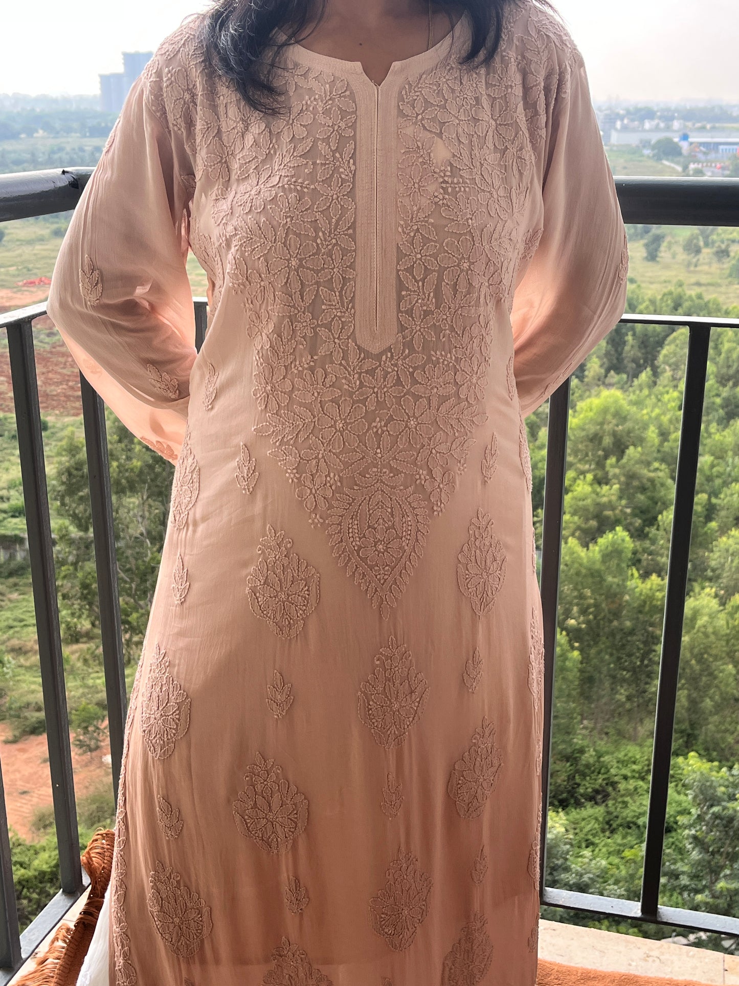 Viscose Bakhiya Heavy Chikankari Long Kurta -  ombre brown