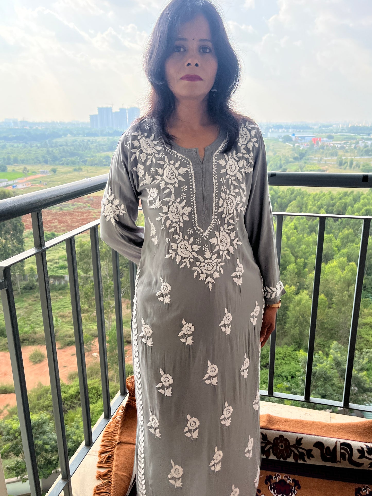 Modal Chikankari Women's Long Kurta - Grey