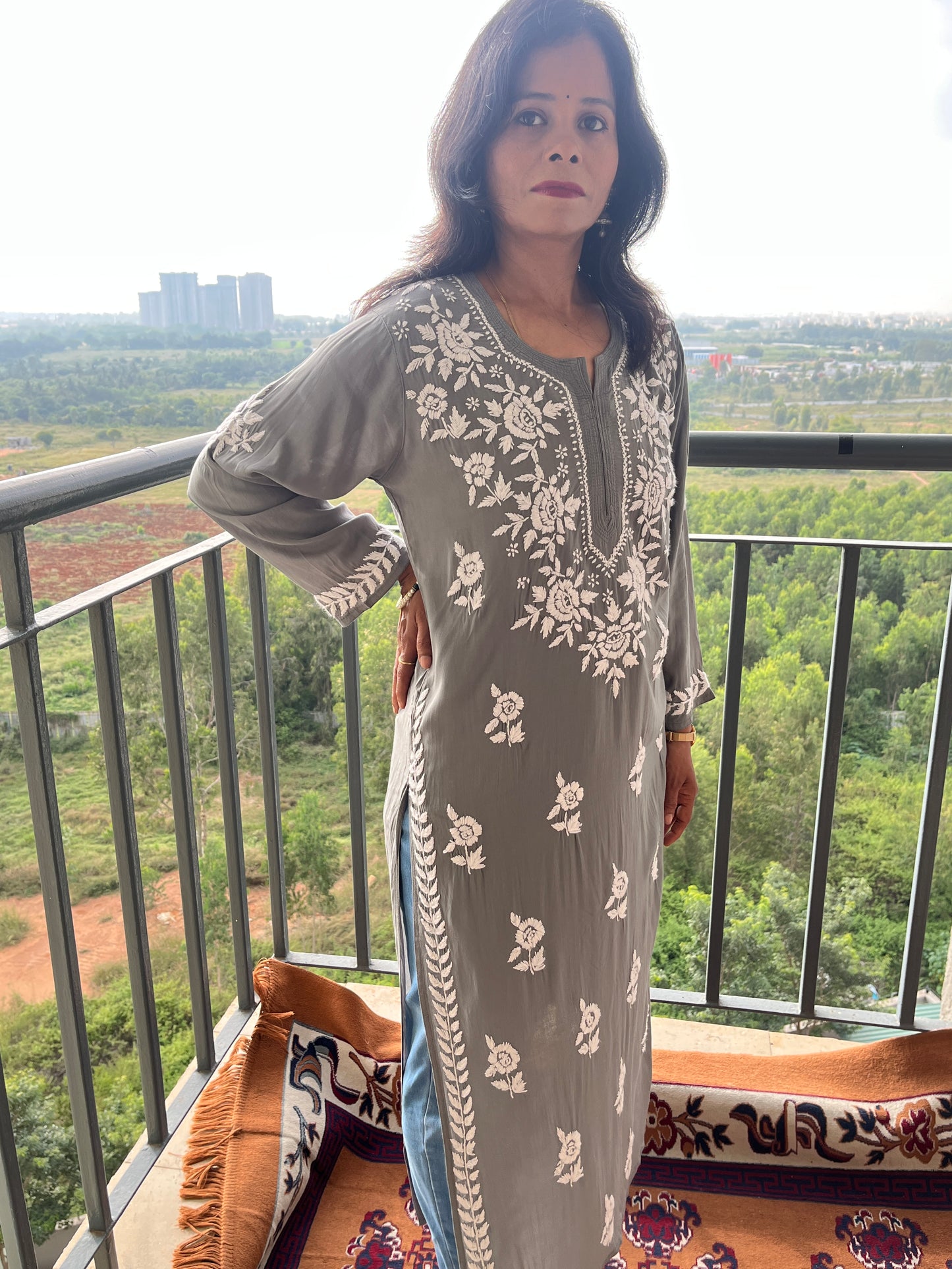 Modal Chikankari Women's Long Kurta - Grey