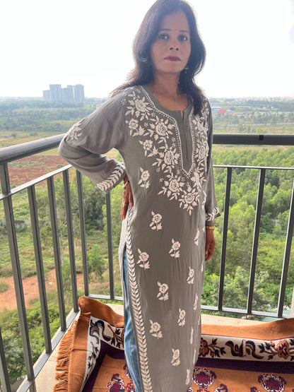 Modal Chikankari Women's Long Kurta - Grey