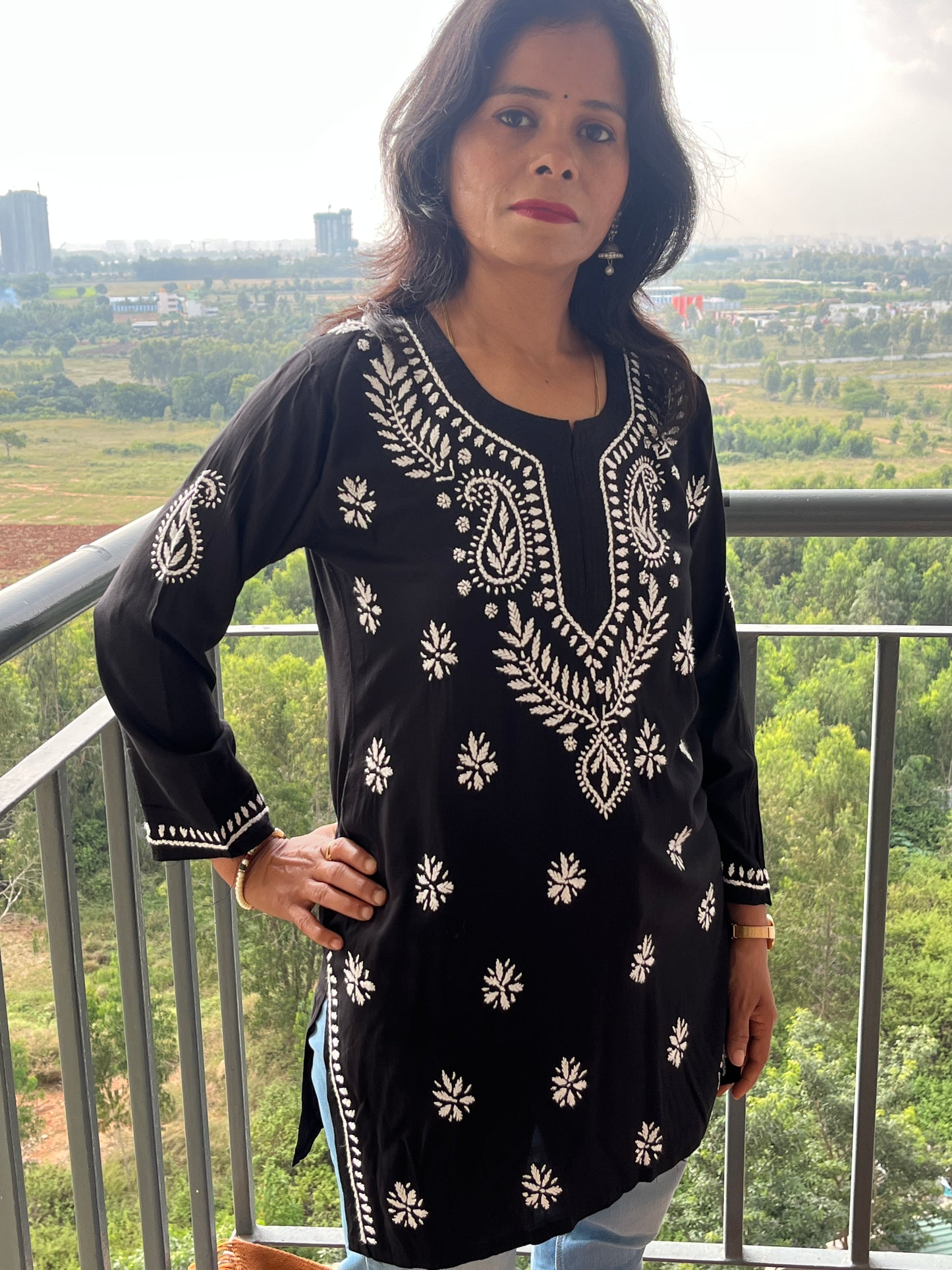 Modal Chikankari Women's Short Kurta - Black