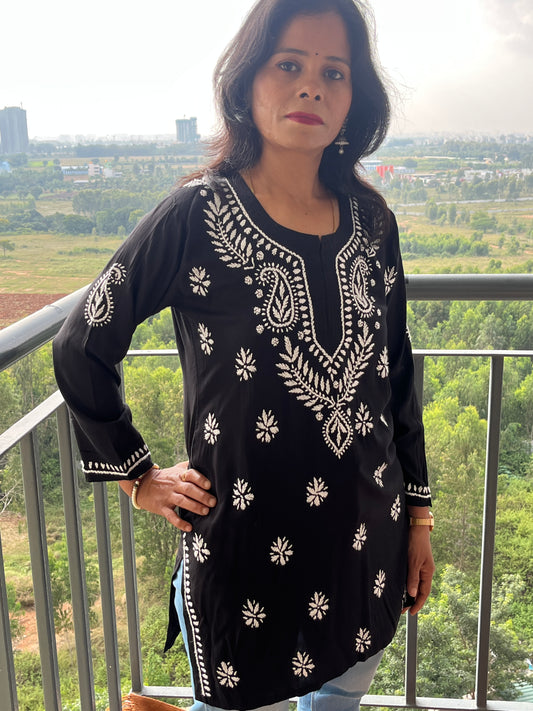 Modal Chikankari Women's Short Kurta - Black