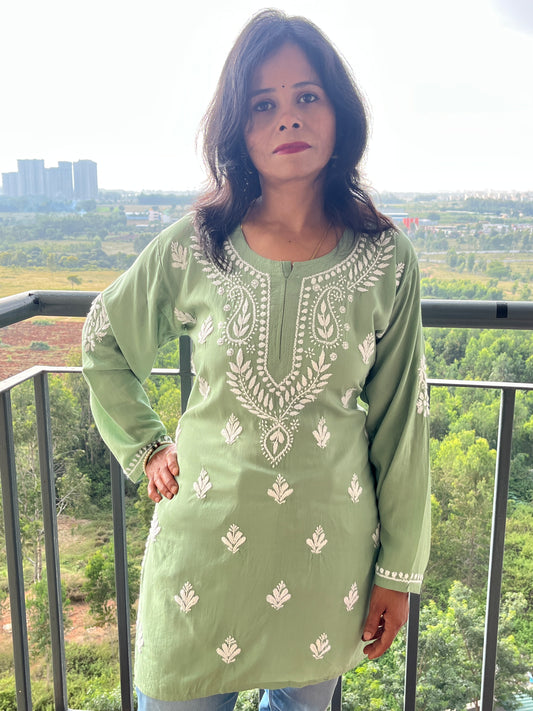 Modal Chikankari Women's Short Kurta - Green