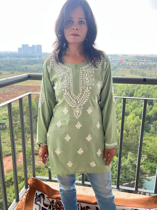 Modal Chikankari Women's Short Kurta - Green